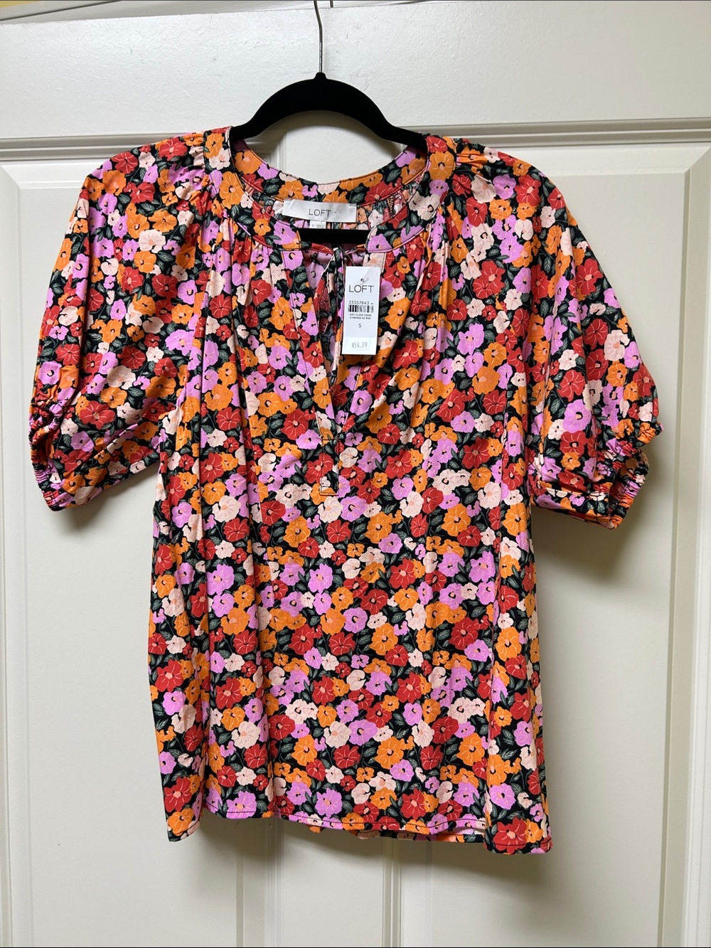 LOFT Pink Orange Red Floral Puff-Sleeve V-Neck Blouse